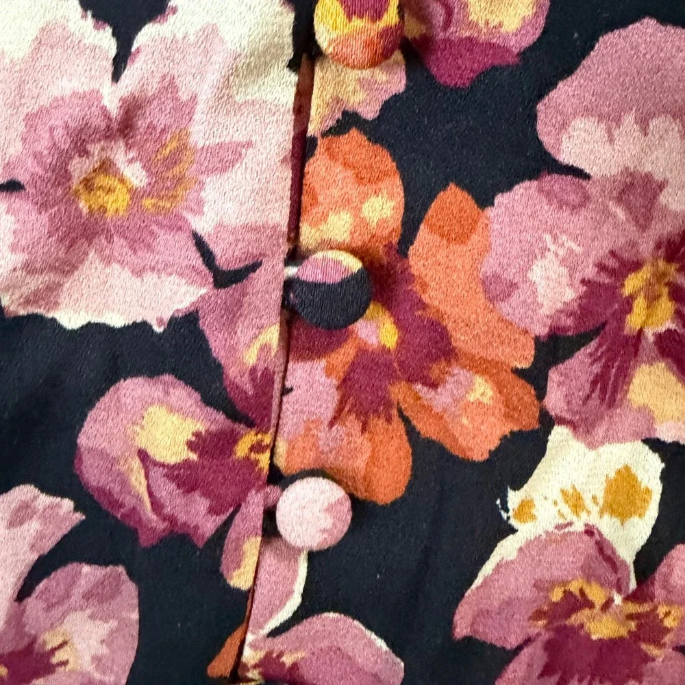 Reformation Joelle Floral Tie Neck Blouse Pansy Romantic Short Sleeve Large Boho